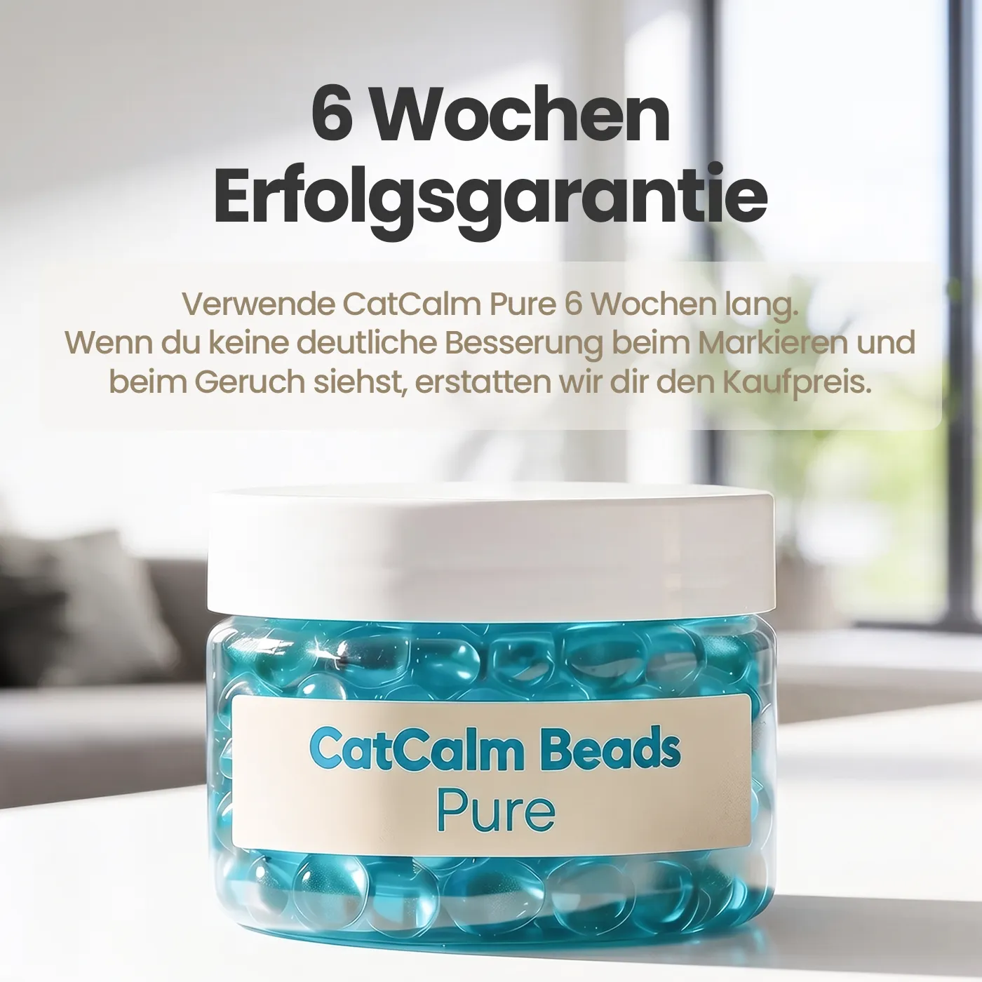 A jar of CatCalm Beads Pure, filled with translucent blue beads, sitting on a white surface.