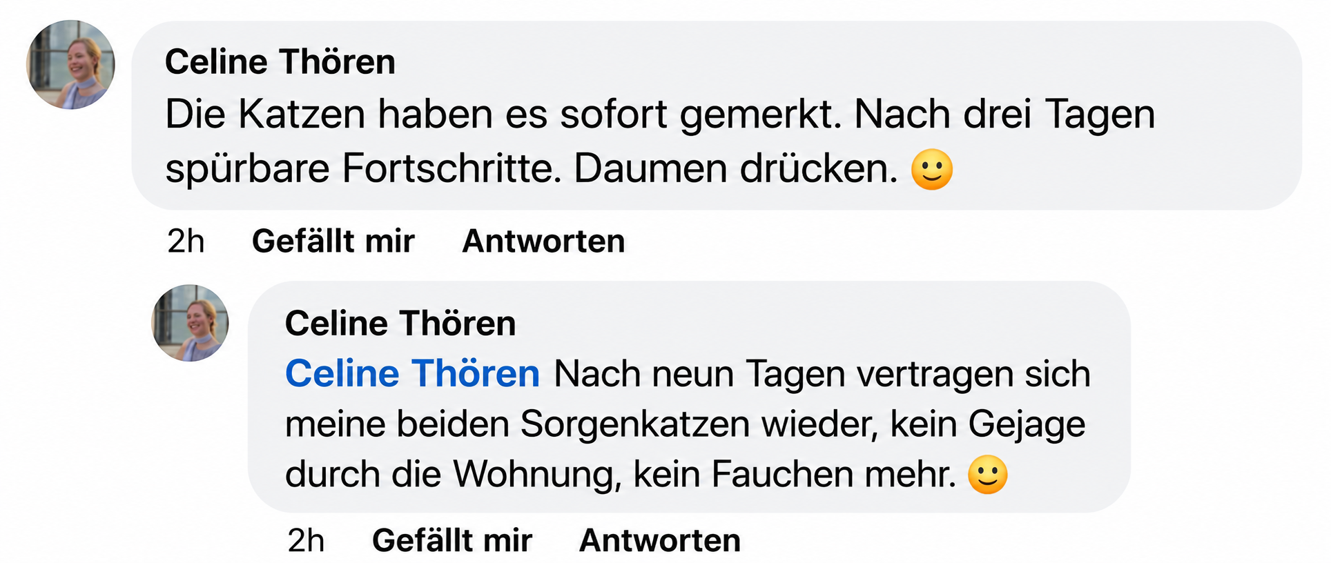 A screenshot of two positive comments in German from a user named Celine Thören on a social media platform.