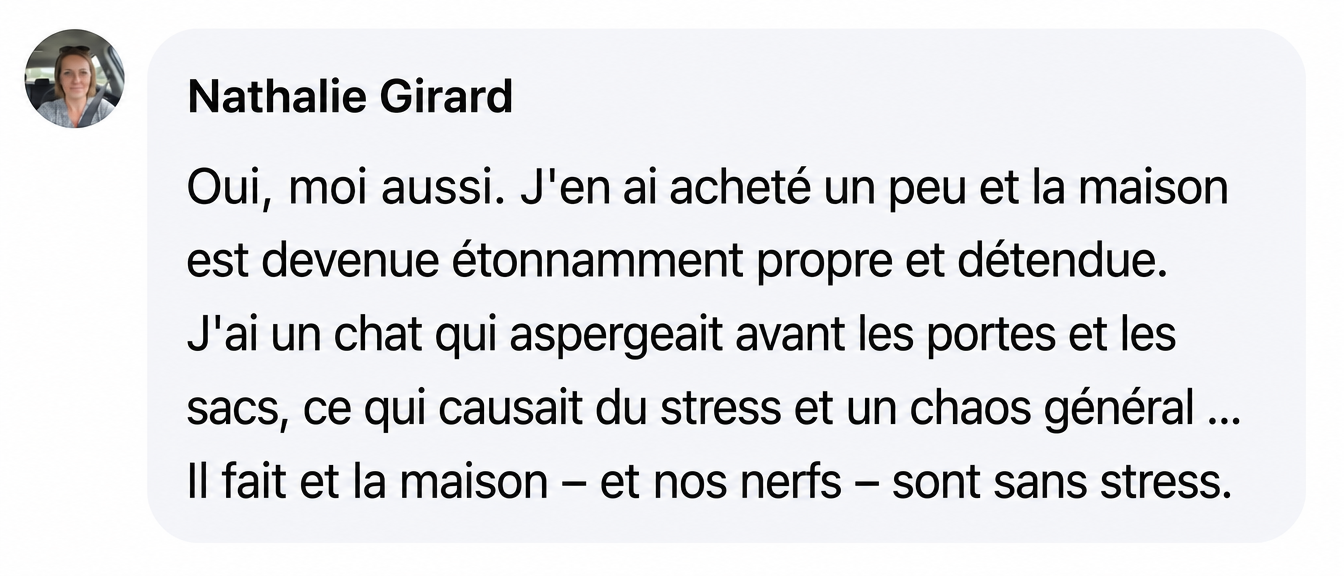 A screenshot of a testimonial from Nathalie Girard, with her profile picture and text in French.