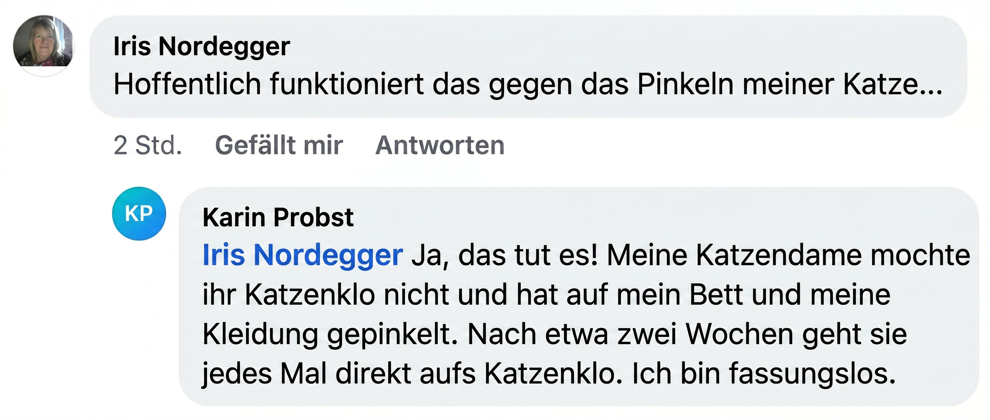 A screenshot of an online conversation in German between two people about a cat's urination habits.