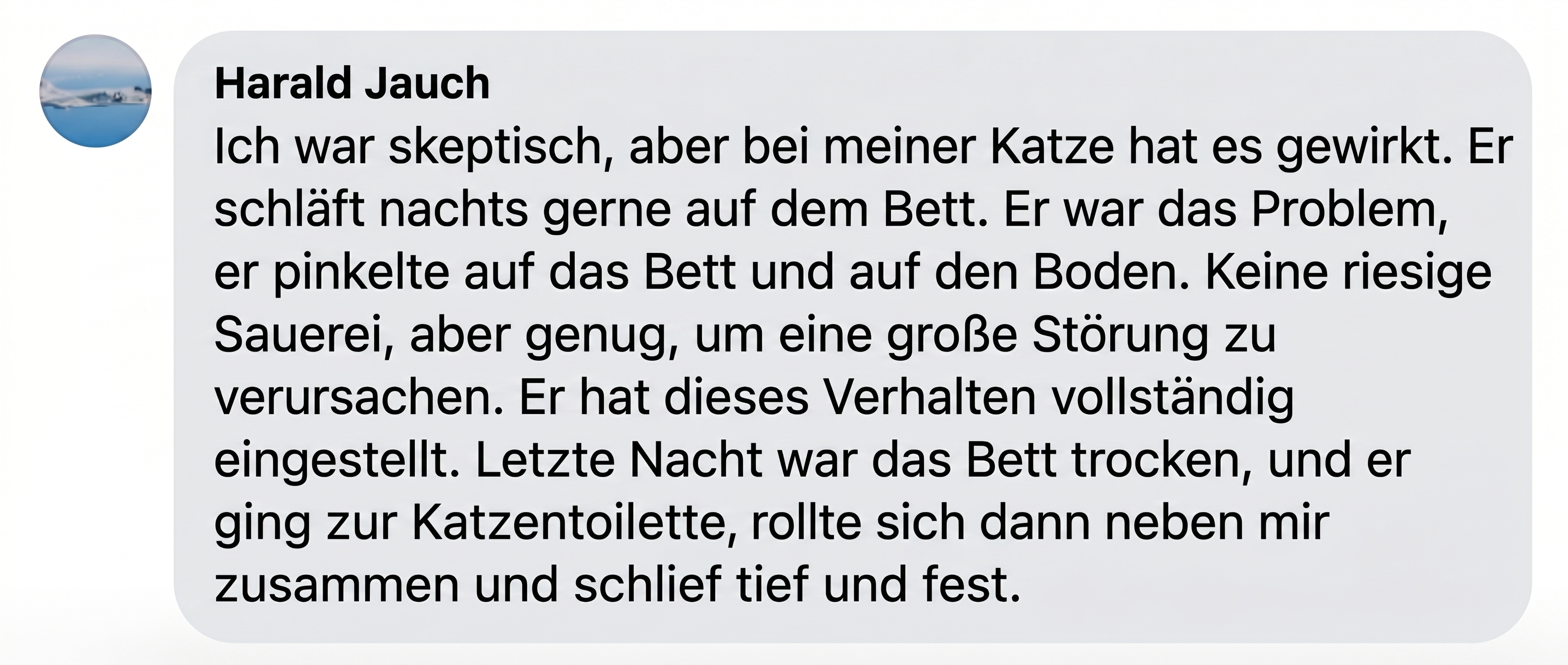 A screenshot of a testimonial in German from a user named Harald Jauch about his cat.