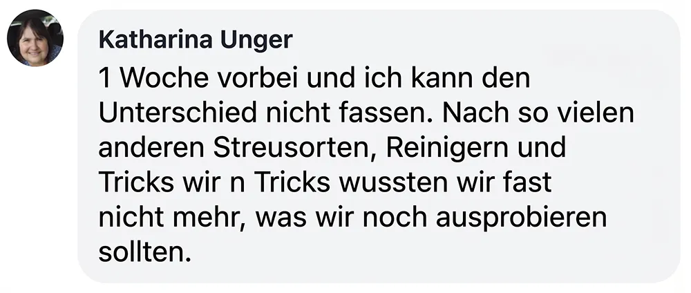 A testimonial from Katharina Unger written in German, with her profile picture.