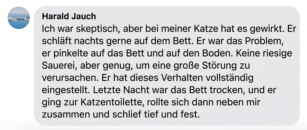 A screenshot of a user testimonial in German from Harald Jauch about his cat's behavior.