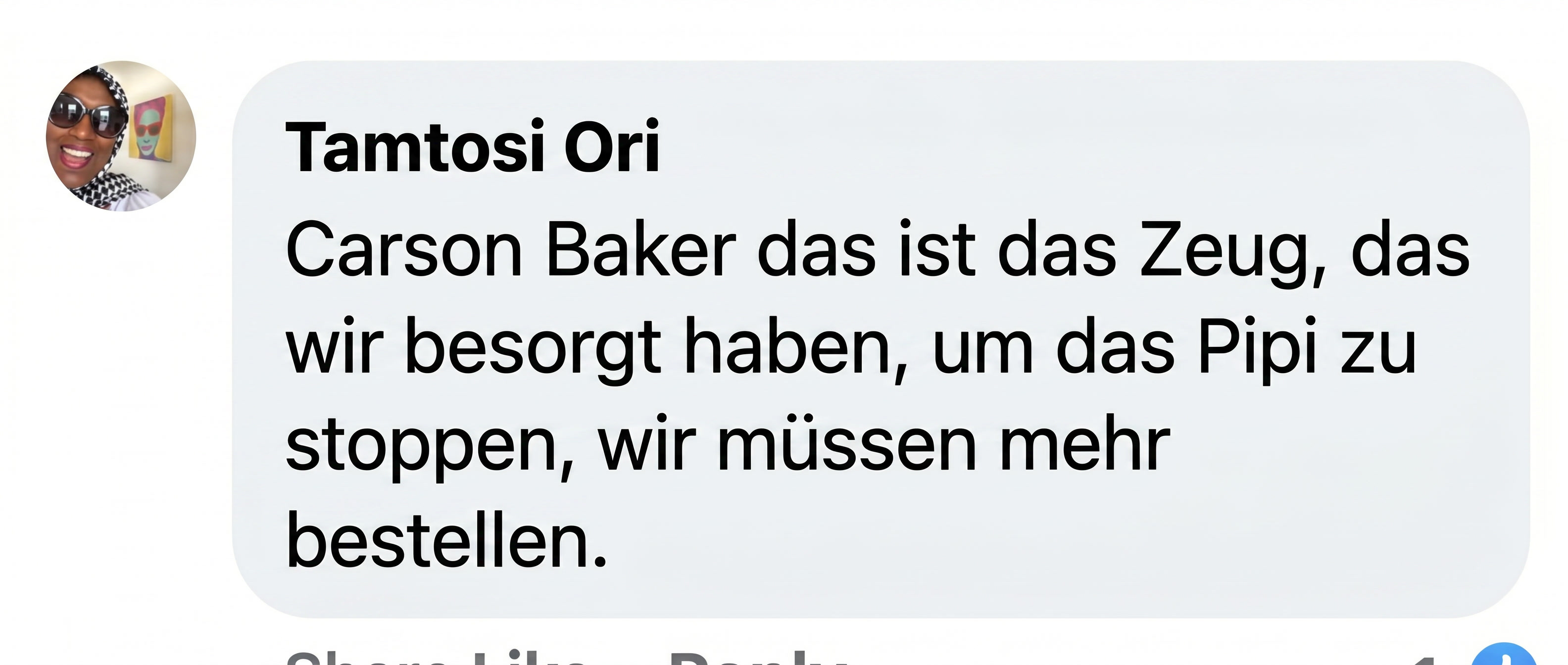 A screenshot of a comment in German from a user named Tamtosi Ori to Carson Baker.