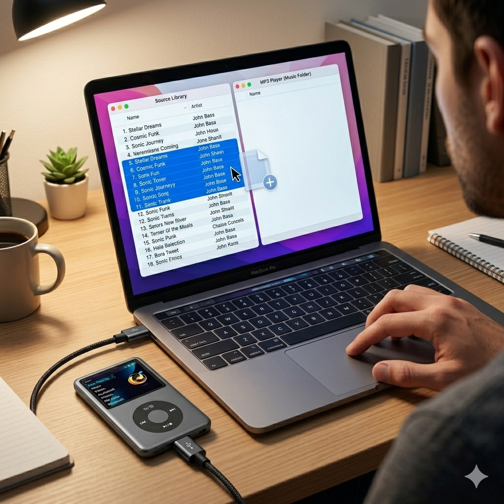 A person transfers music from a laptop to an MP3 player connected by a cable on a desk.