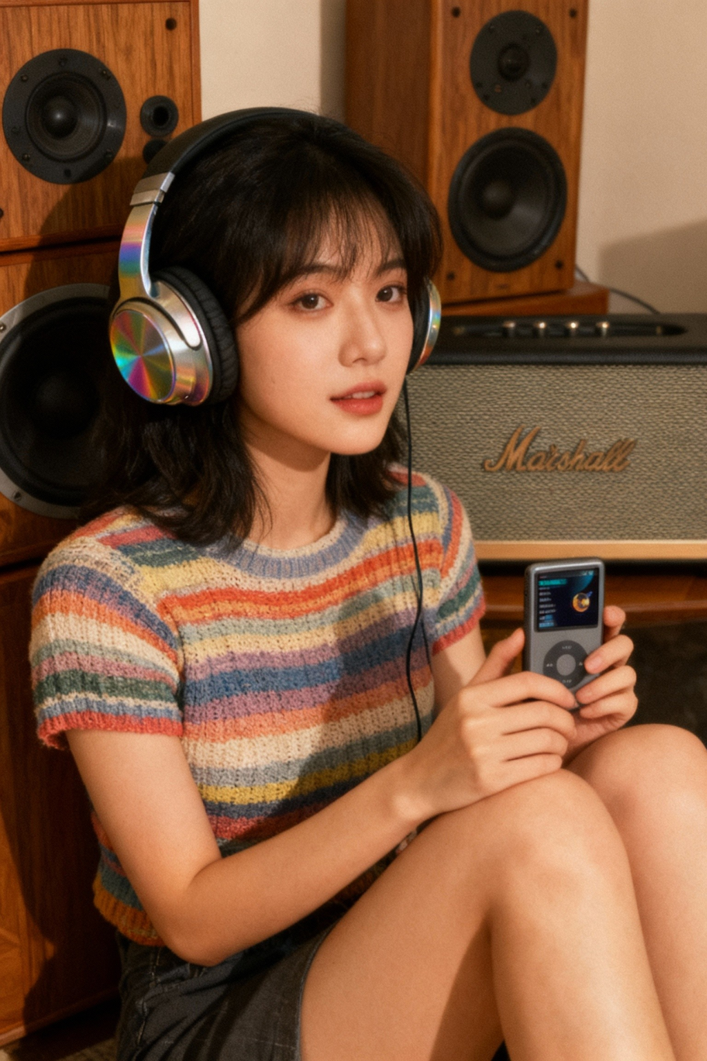 A young woman with iridescent headphones holds a music player while sitting in front of speakers.