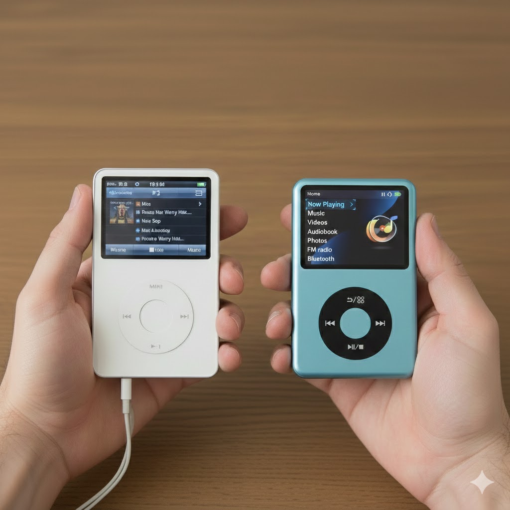 A person's hand holding a gray MP3 player, using the controls to navigate the menu on screen.