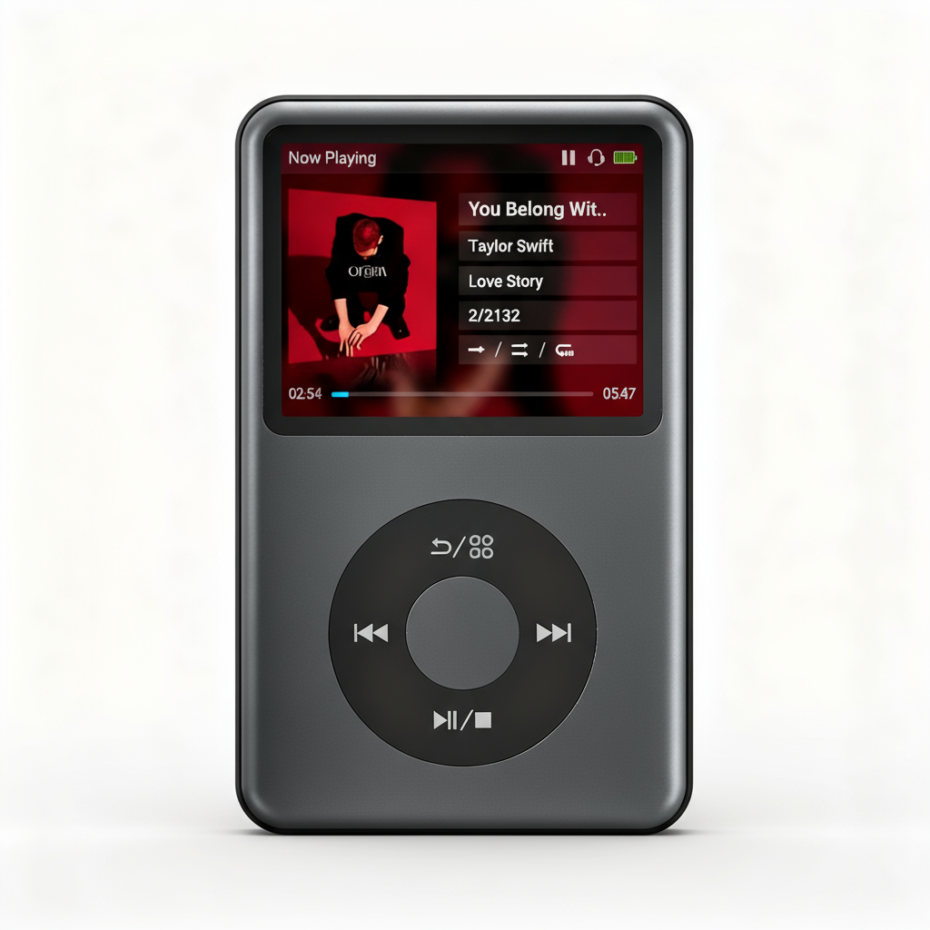 A dark grey portable music player with a circular control pad, displaying a song by Taylor Swift.