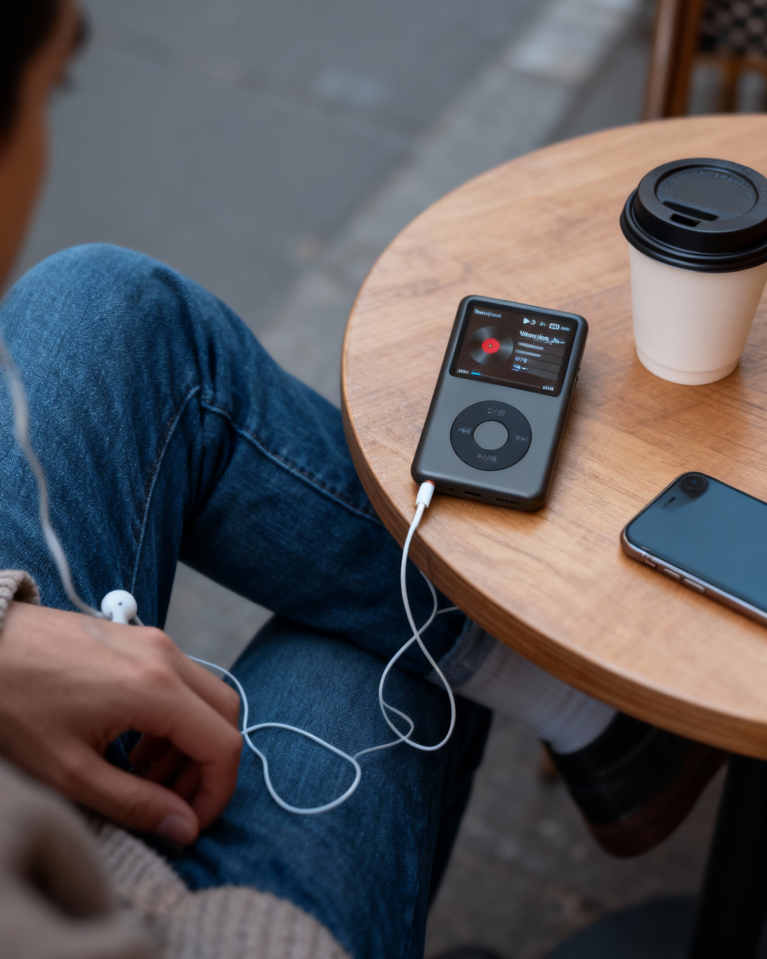 A person sits at a cafe table with a portable music player, phone, and coffee cup.