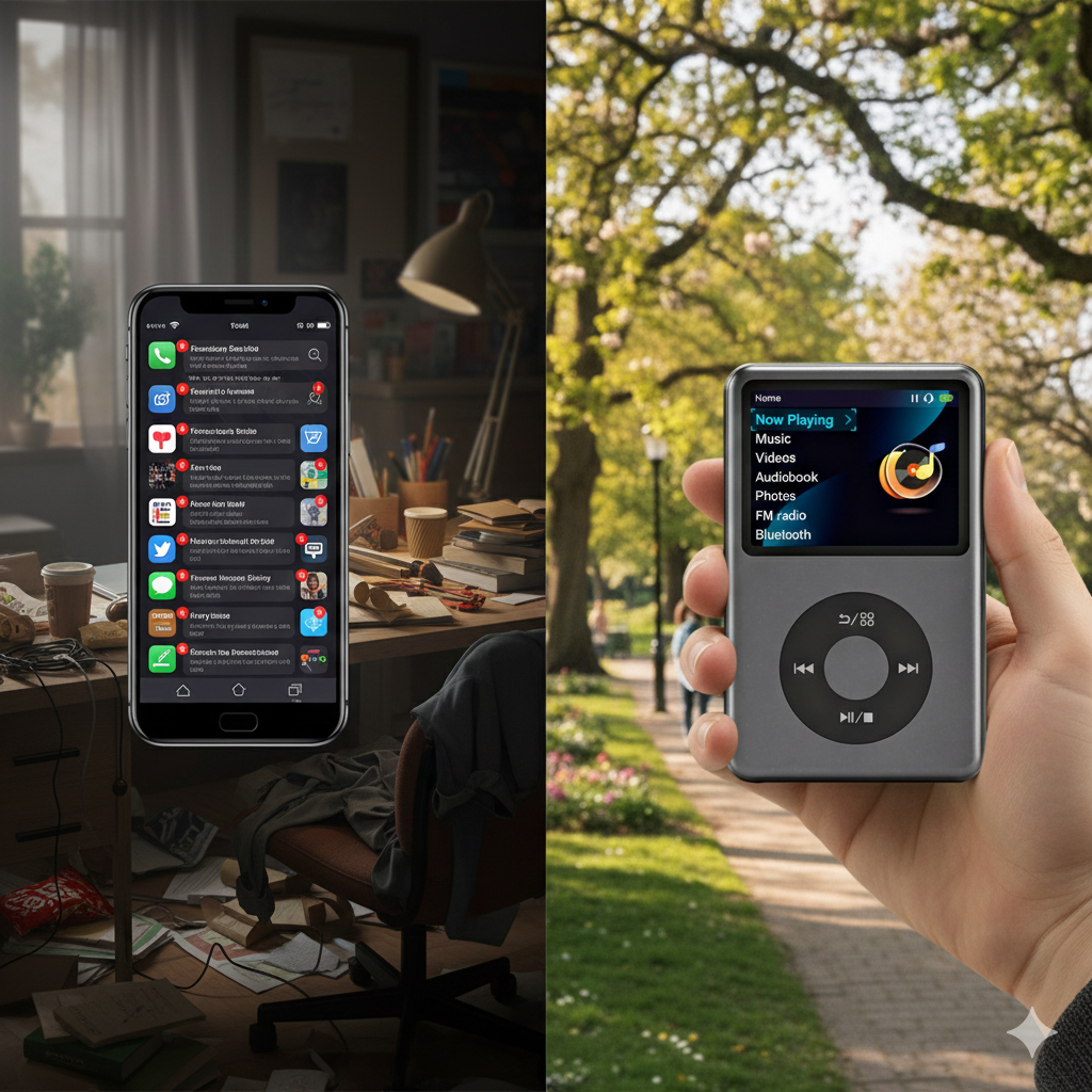 A dark grey portable music player with a circular control pad, displaying a song by Taylor Swift.