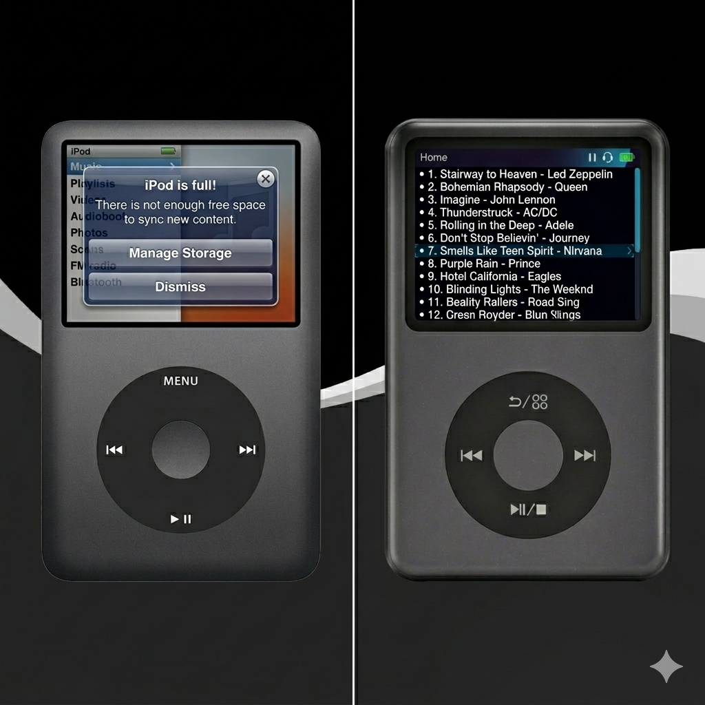 Two iPods side-by-side, one showing a 'storage full' error and the other showing a song playlist.