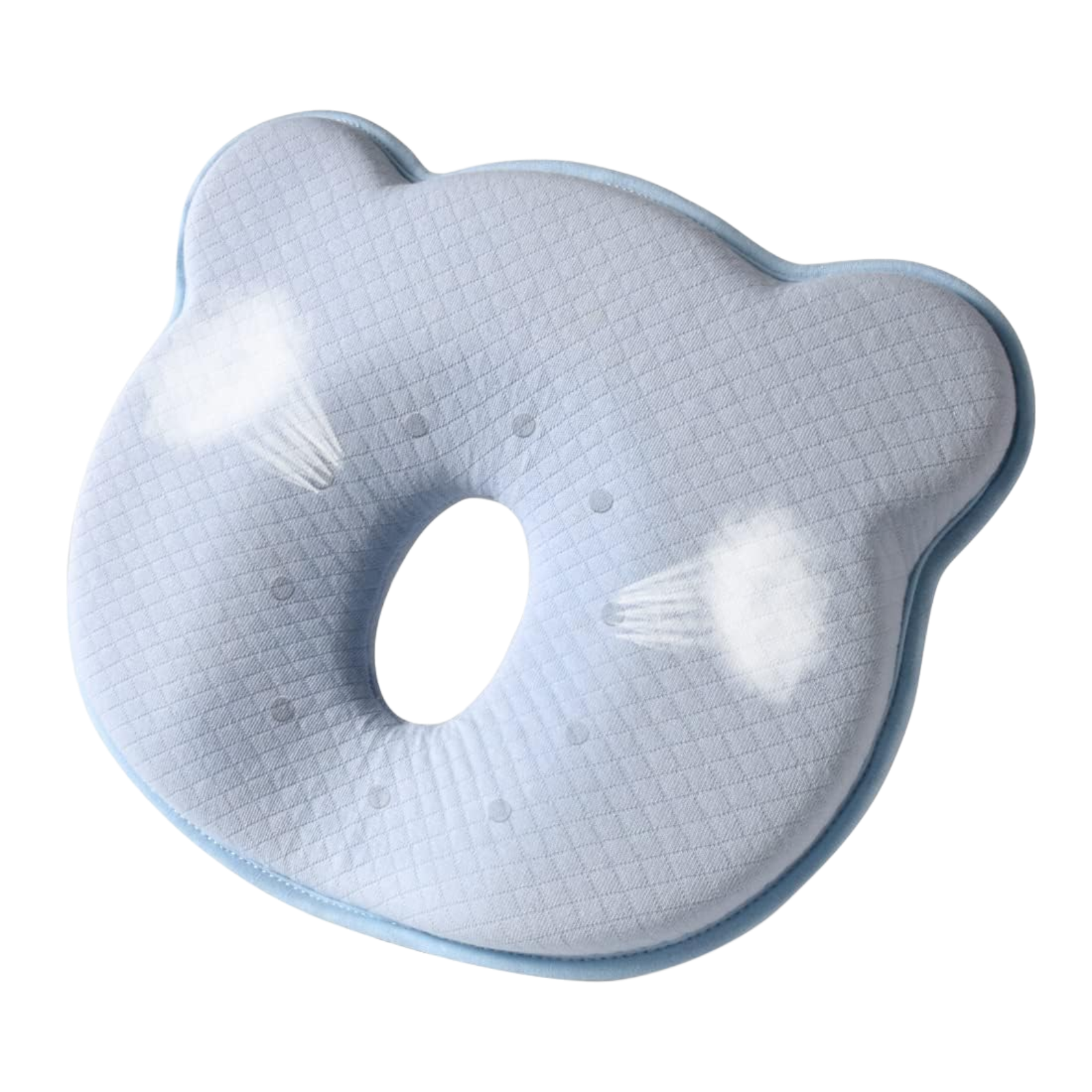 Light blue bear-shaped pillow with a central hole and textured surface.