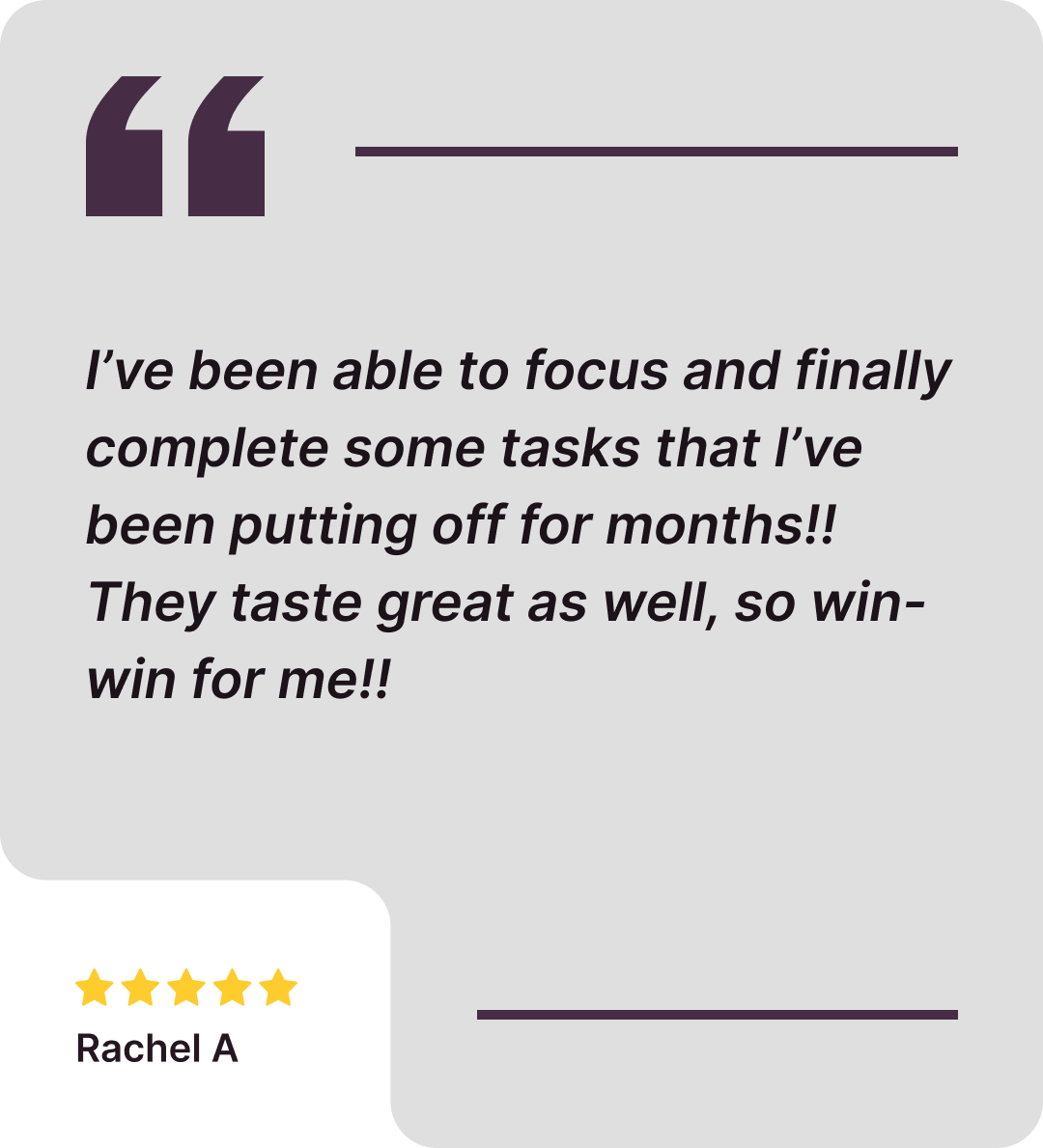 Testimonial with five-star rating and quote from Rachel A.