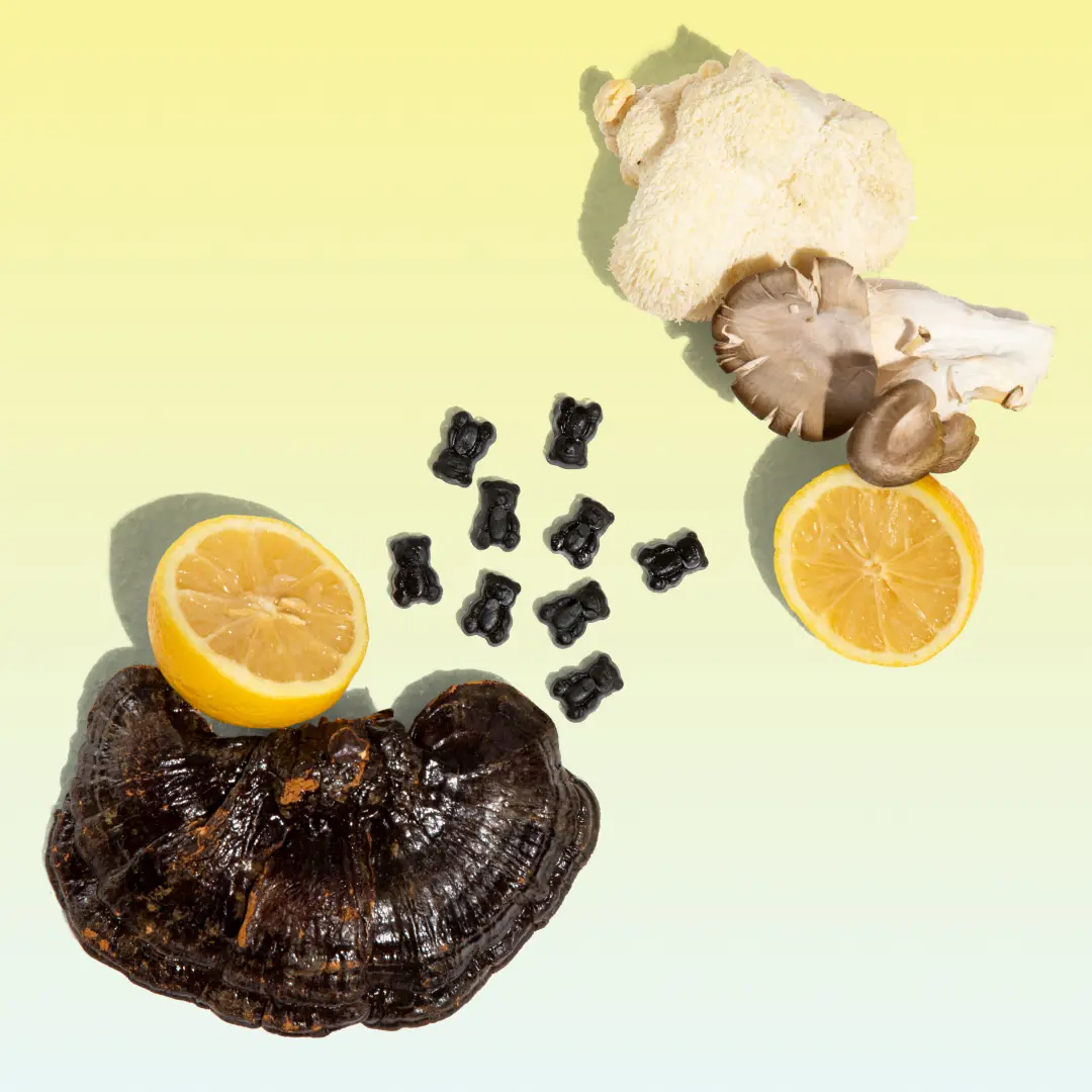 Mushrooms, lemon halves, and black gummy bears on a gradient background.