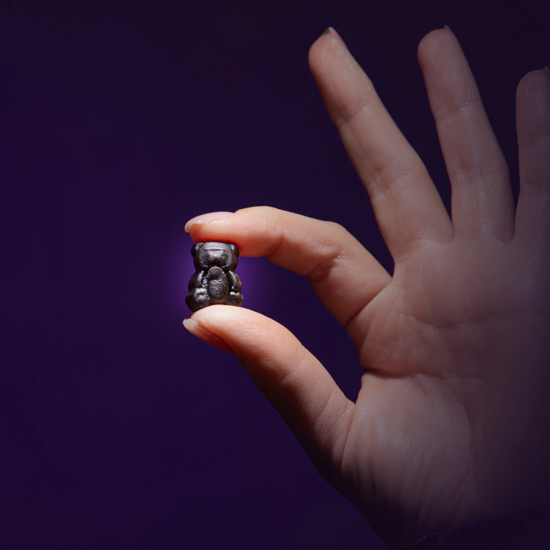 Hand holding a small black bear-shaped object against a dark background.