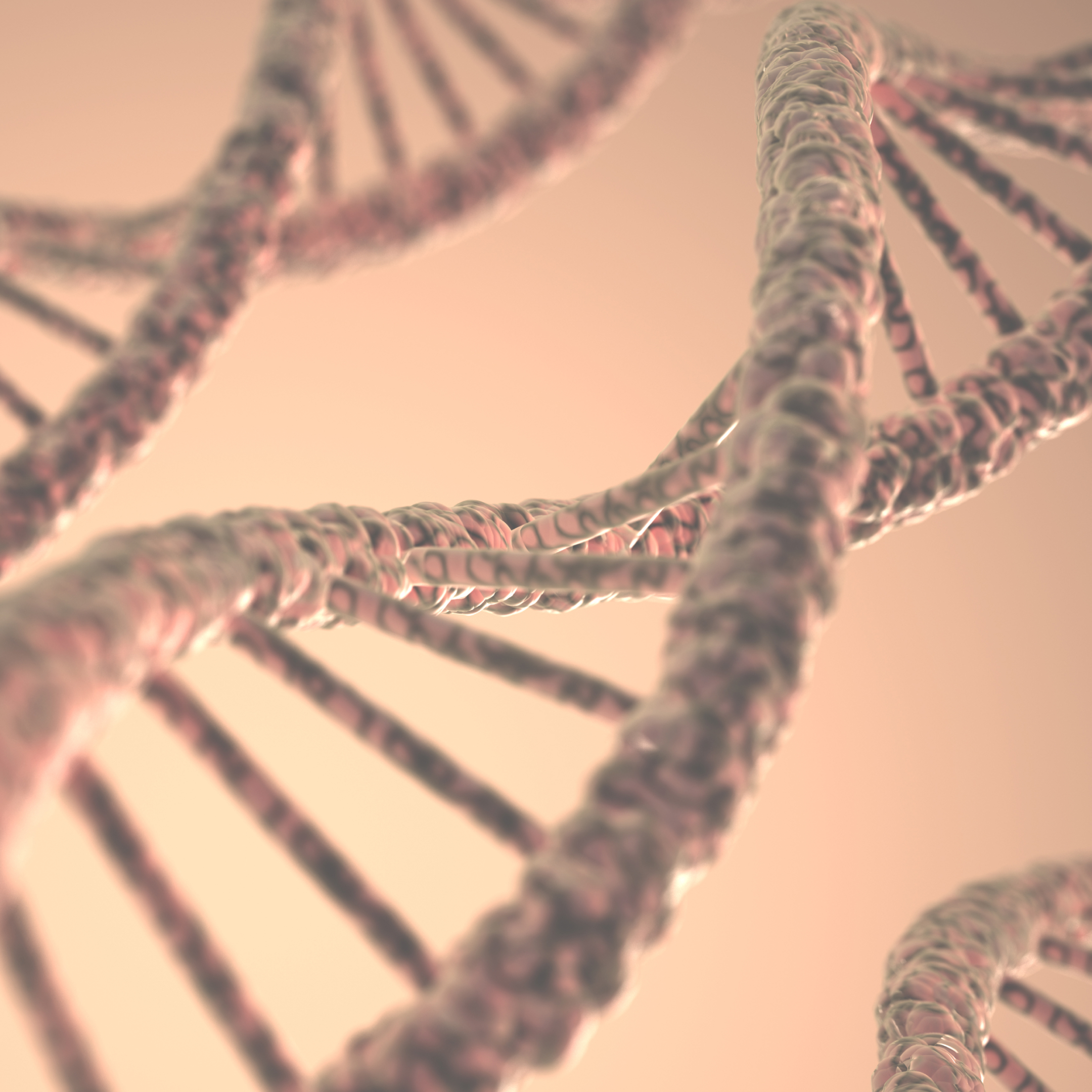 Close-up of a DNA double helix structure on a beige background.