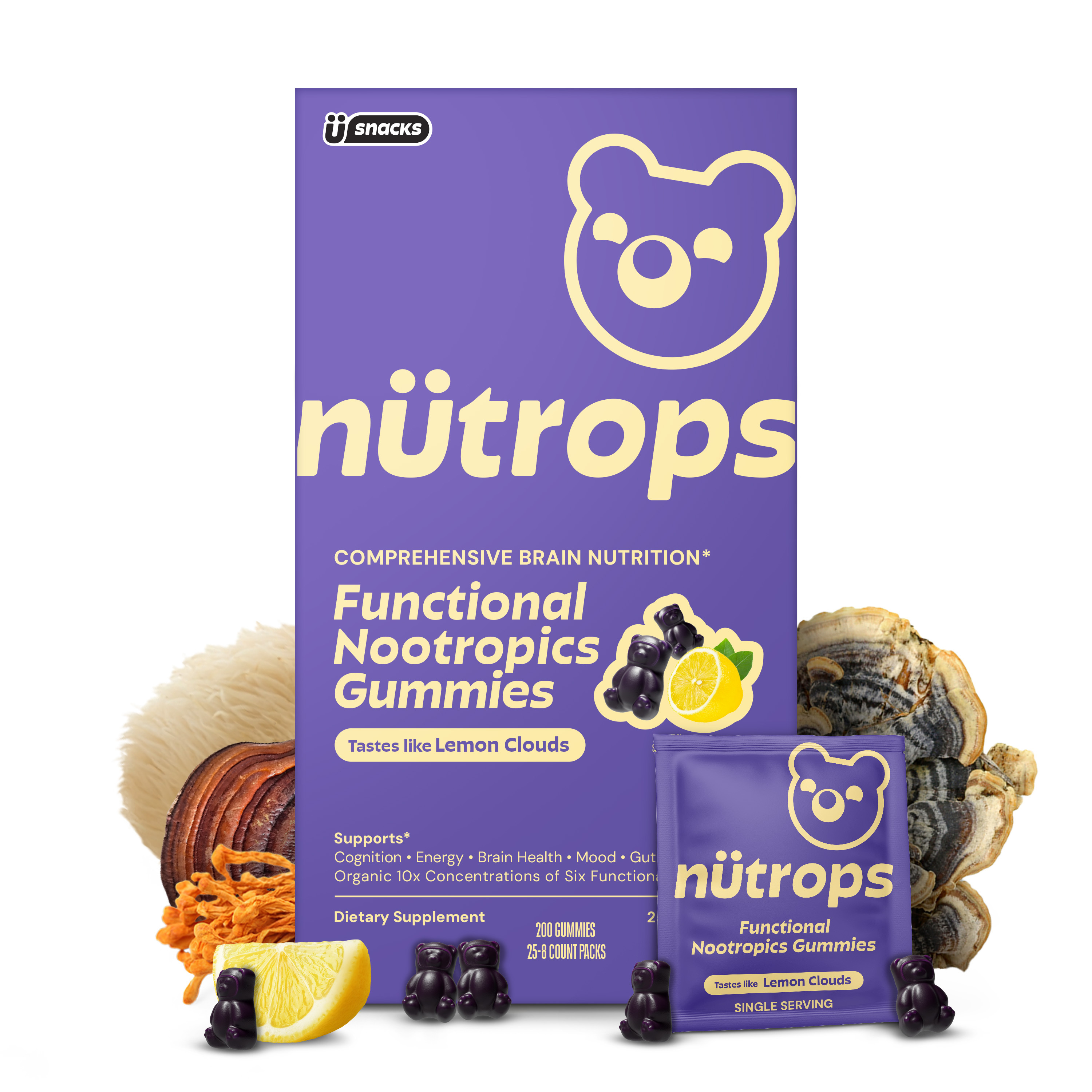 Purple box of functional nootropics gummies with lemon and mushrooms.