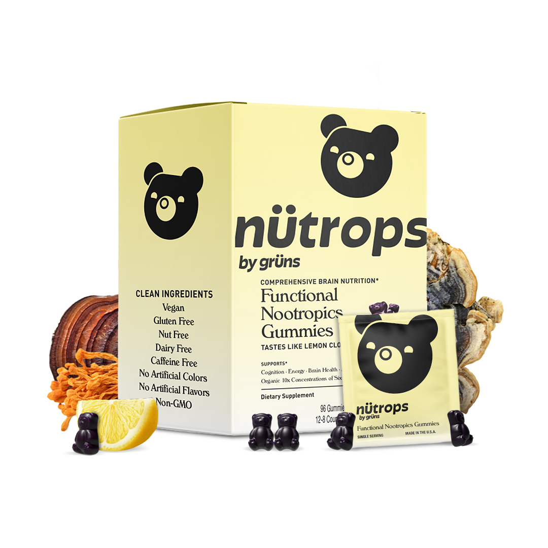Purple box of functional nootropics gummies with lemon and mushrooms.