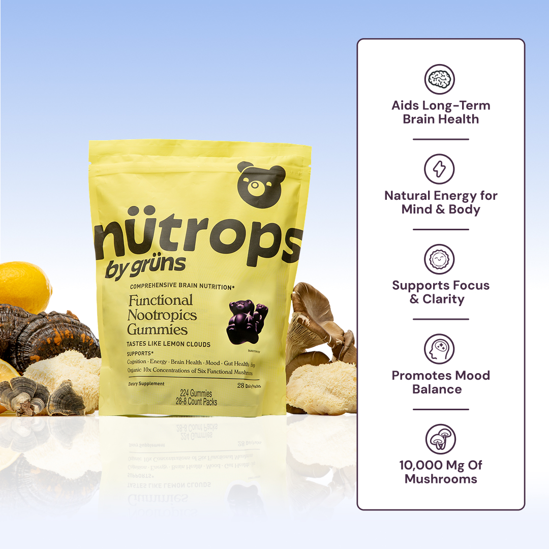 Yellow bag of nootropic gummies with mushrooms and text about benefits.