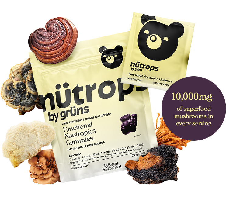 Packets of gummy supplements with various mushrooms and a 10,000mg superfood label.