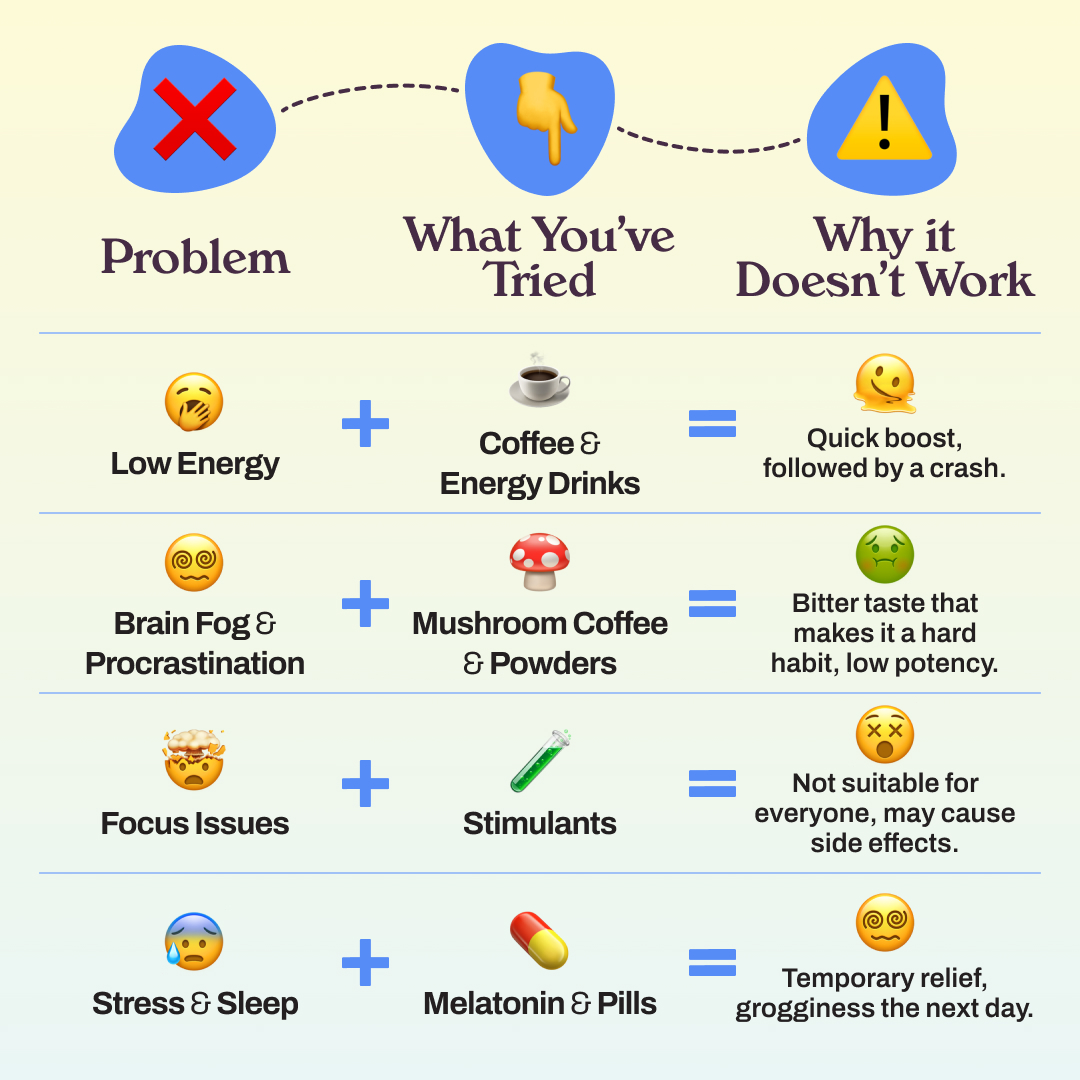 Infographic showing problems, attempted solutions, and why they don't work, with emojis and text.