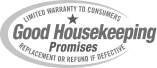 The Good Housekeeping Promises limited warranty seal, shown in grayscale.
