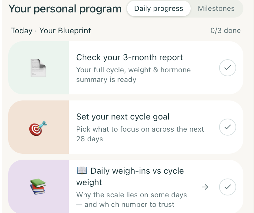 A mobile app screen showing a personal program's daily progress checklist with three items.