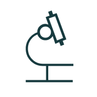 A dark green line icon of a microscope.