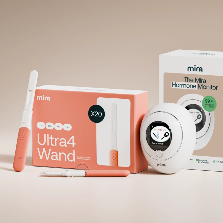The Mira Hormone Monitor and Ultra4 Wands displayed with their product boxes on a neutral background.