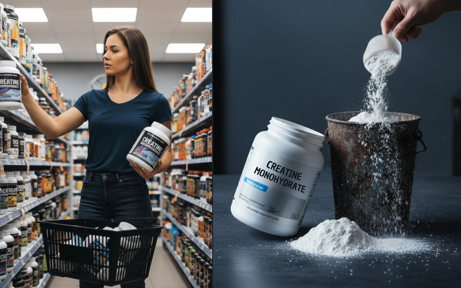 Woman shopping for creatine supplements, and creatine powder pouring into a bucket.