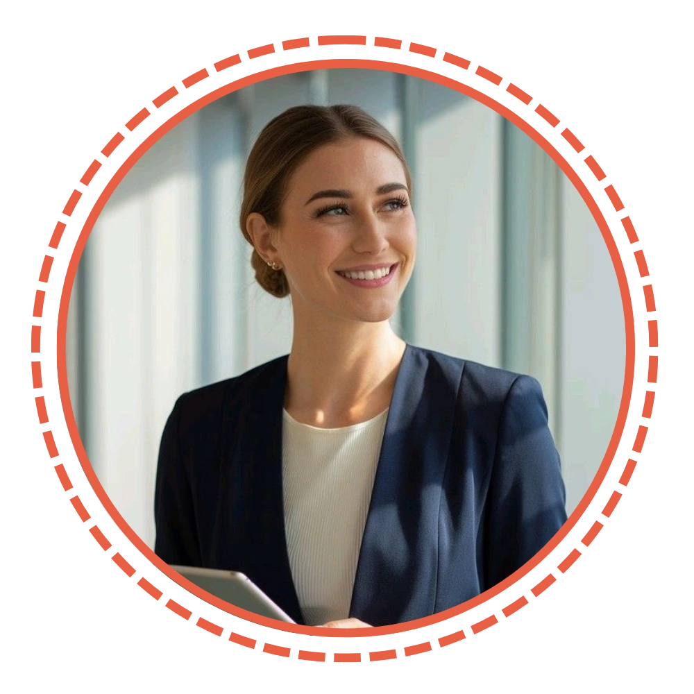 Smiling woman in a suit holding a tablet, with blurred background.