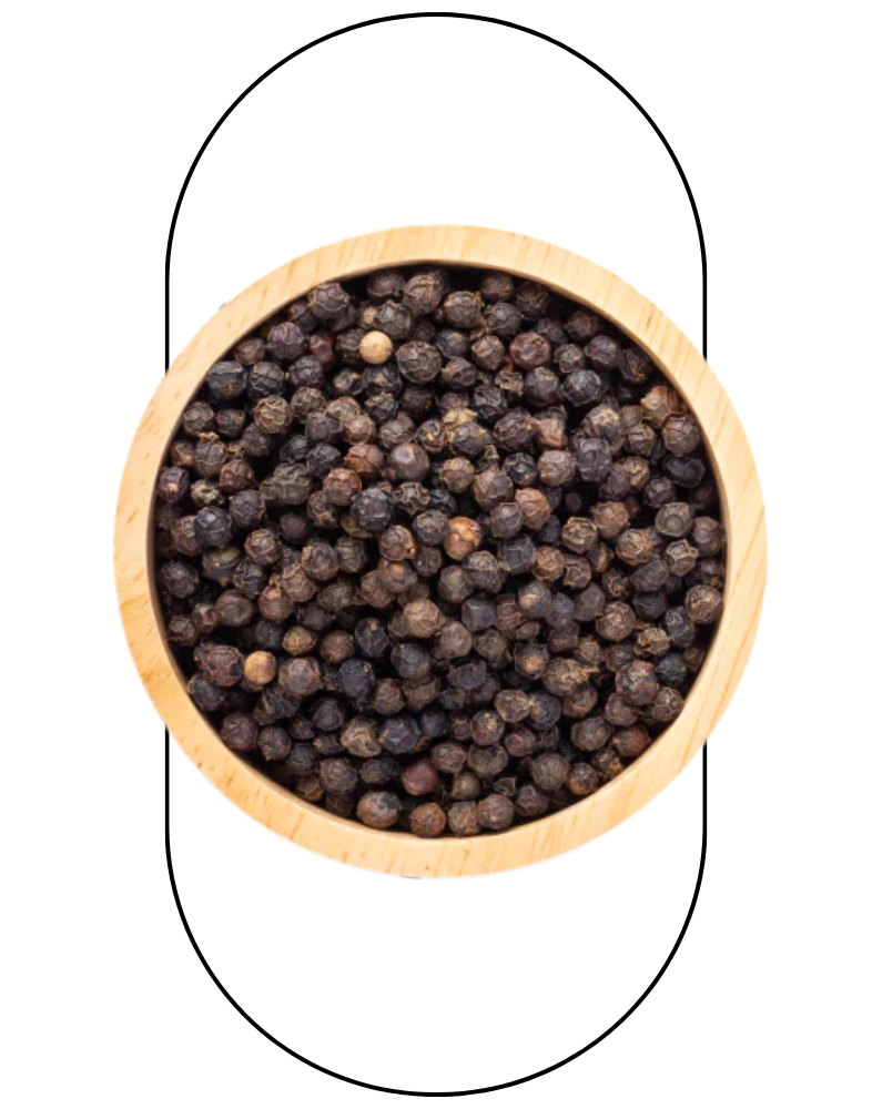 Bowl filled with whole black peppercorns on a white background.