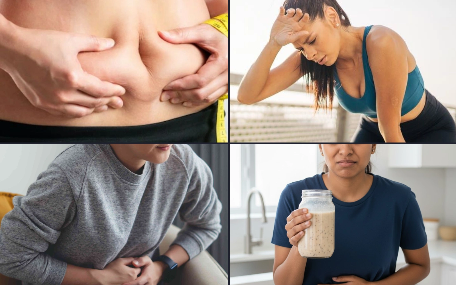 Collage of people with belly fat, exercising, stomach pain, and holding a smoothie.