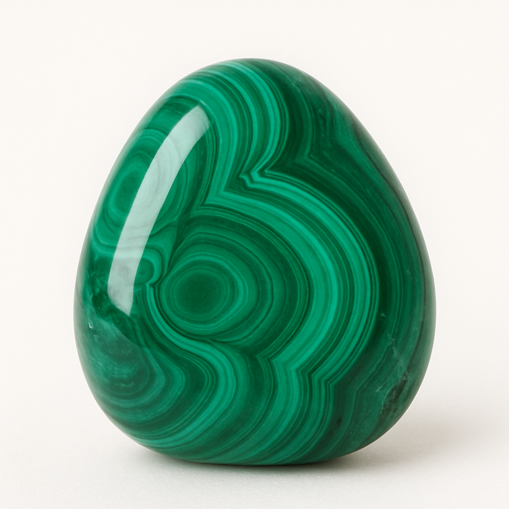 Green malachite stone with swirling patterns on a plain background.