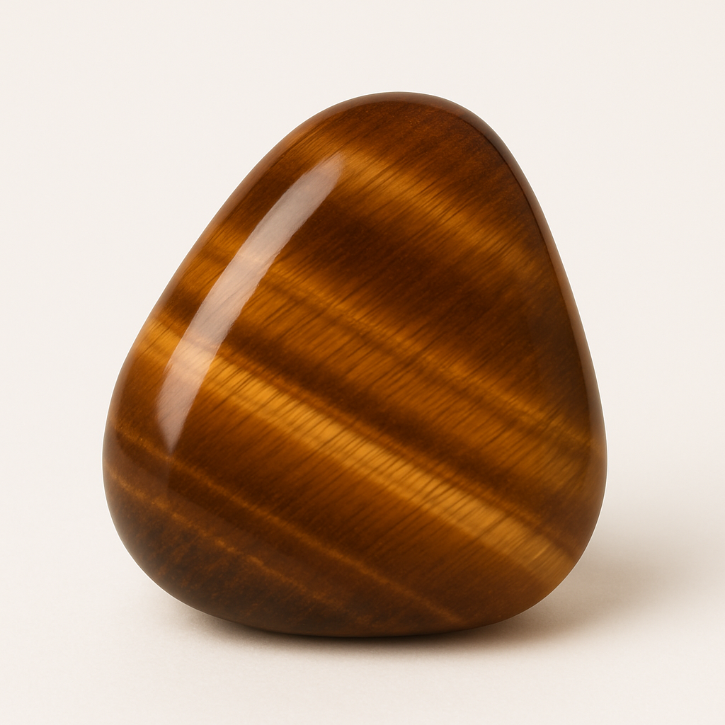 Polished, smooth brown stone with reflective surface on a plain background.