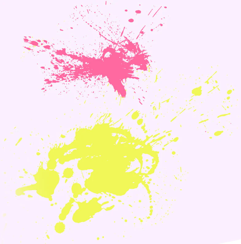 Pink and yellow paint splashes on a light background.