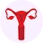 Illustration of a human uterus in red on a circular white background.