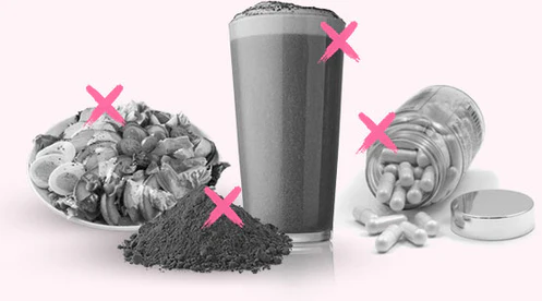 Salad, powder, capsules with pink Xs and a glass in grayscale.