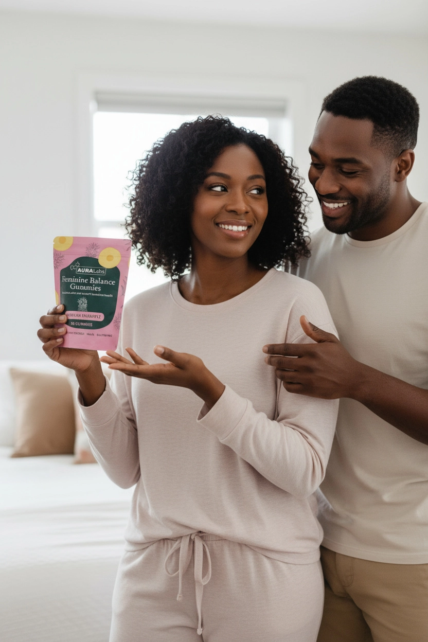 A woman holding a package of feminine balance gummies, smiling with a man beside her.