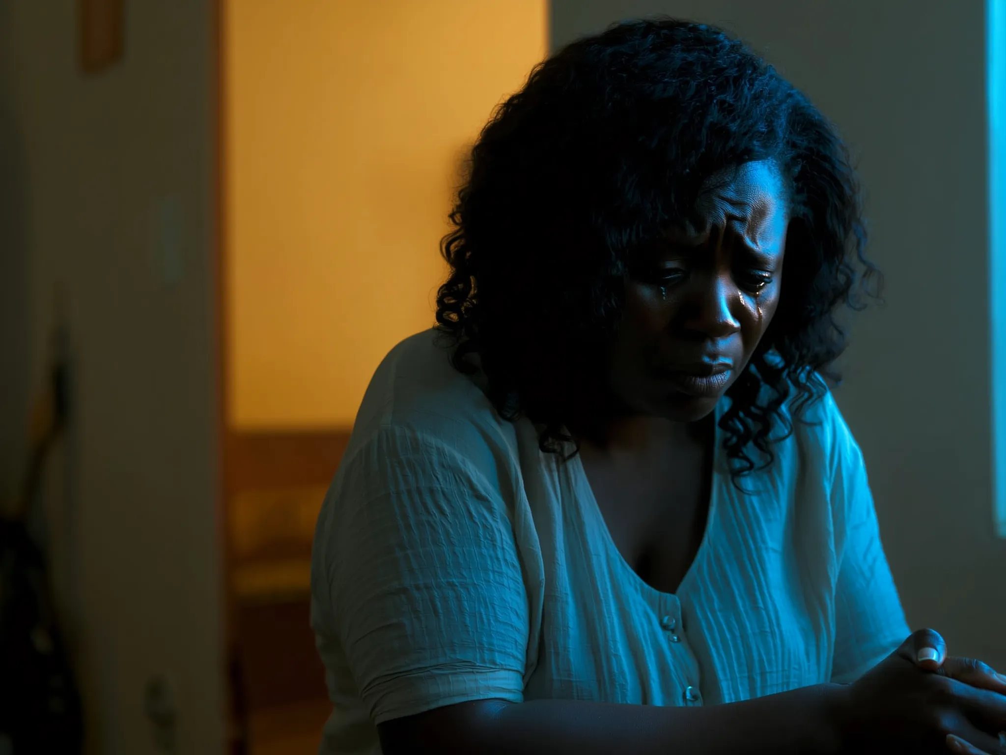 Person sitting indoors, appearing sad with tears, in a dimly lit room.