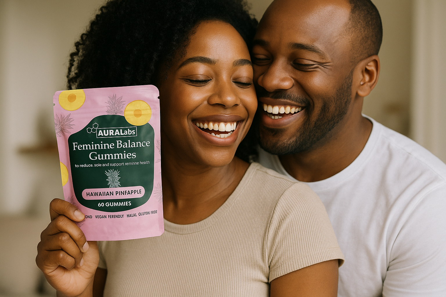 Two people smiling, holding a packet of AURA Labs Feminine Balance Gummies.