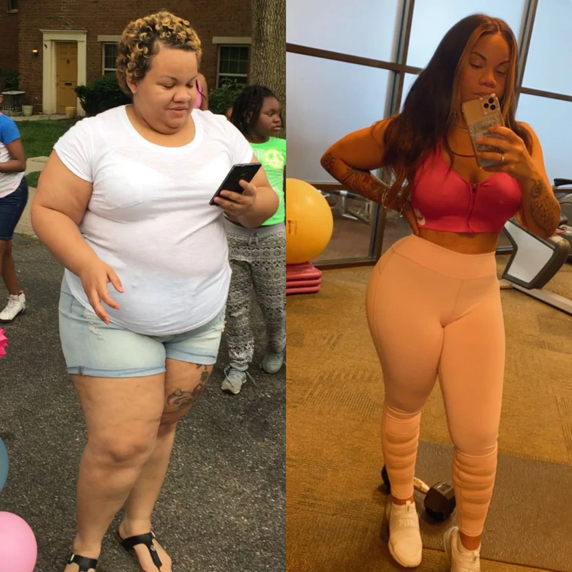 Two side-by-side photos of a woman showing a physical transformation.