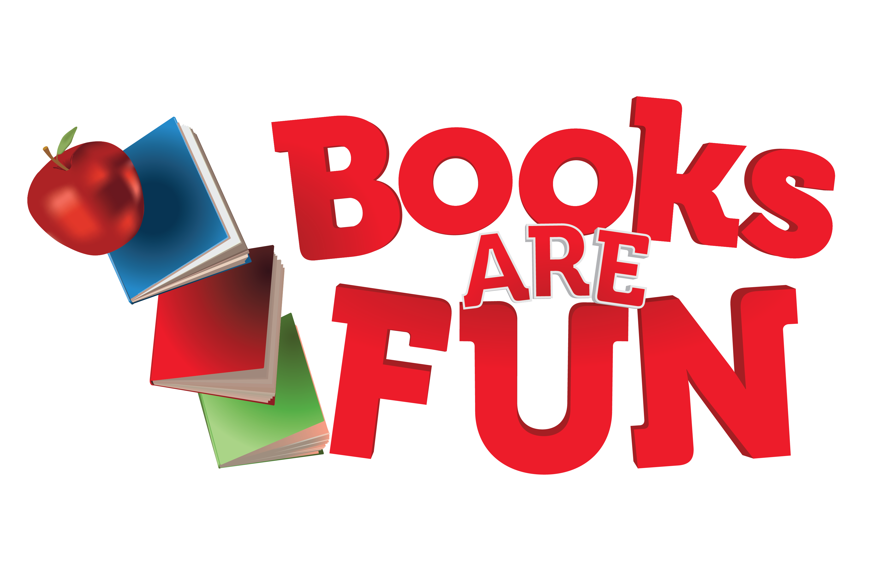 A graphic that says 'Books Are Fun' in red letters, next to three books and a red apple.