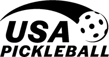 The black and white logo for USA Pickleball, featuring a pickleball with a swoosh behind it.