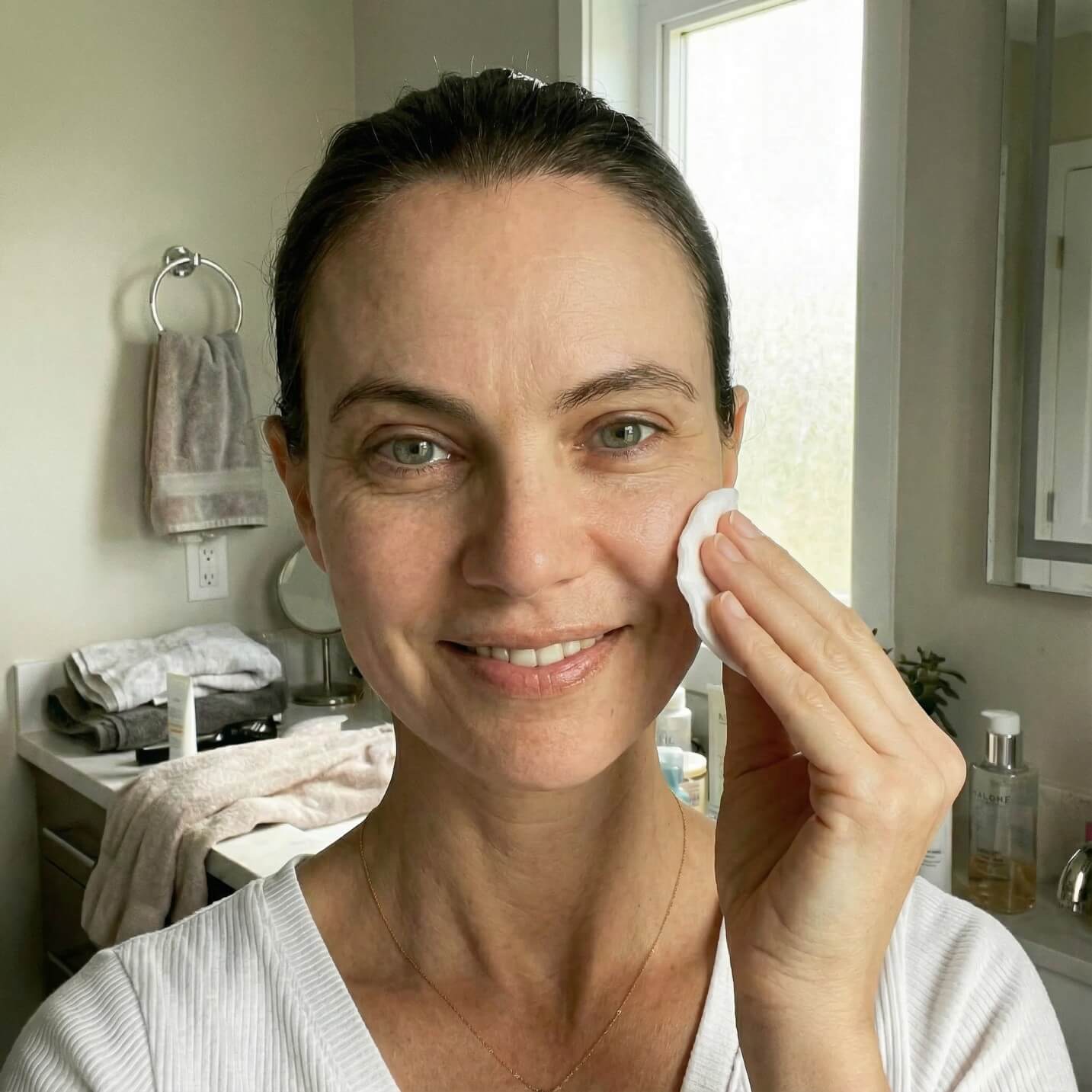 A smiling woman in a bathroom applies a product to her face with a cotton pad.
