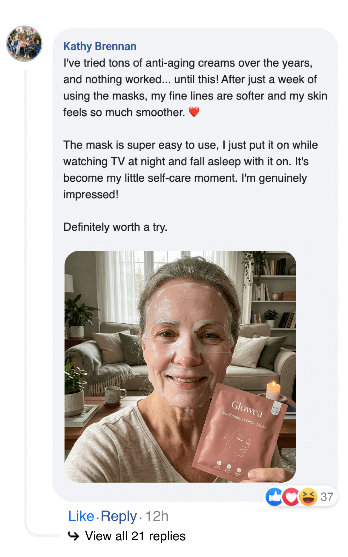 A screenshot of a customer review showing a woman smiling while wearing a face mask and holding it.