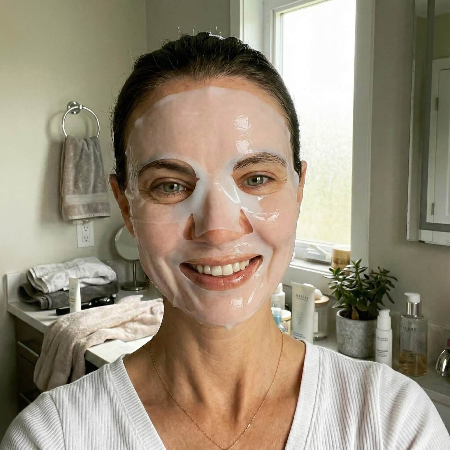 A smiling woman with her hair pulled back wears a sheet face mask in a bathroom.
