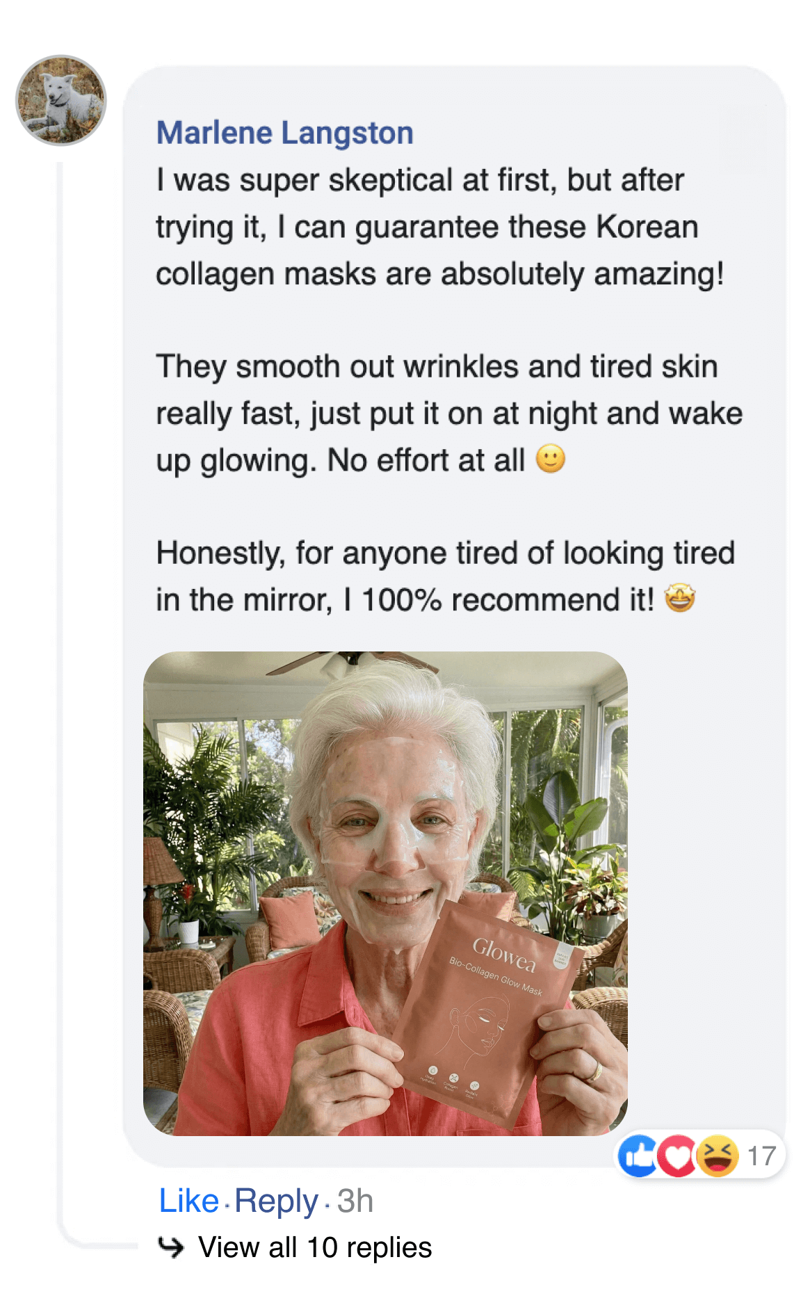 A screenshot of a social media post where a woman reviews a Glowea Bio-Collagen Glow Mask.