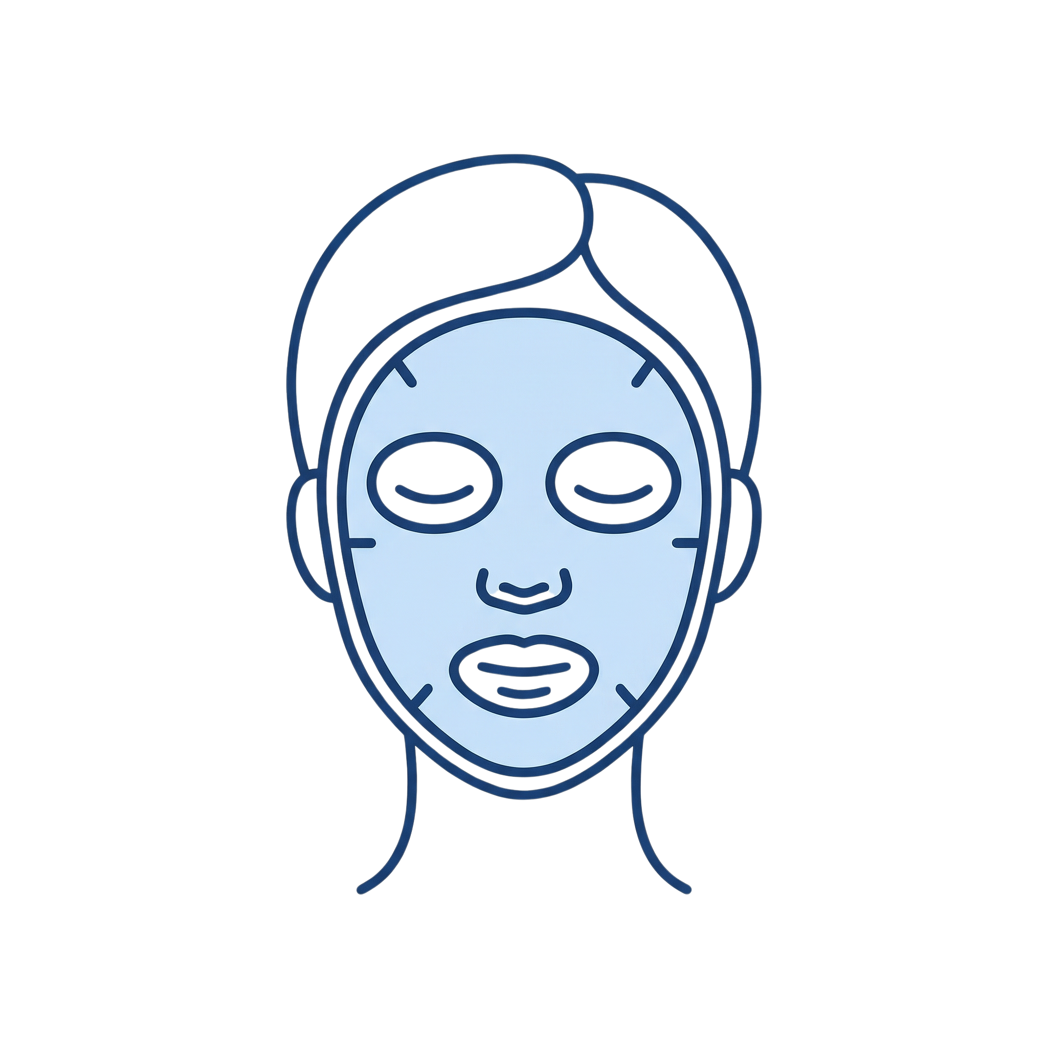 A stylized icon of a person wearing a cosmetic sheet mask on a green background.
