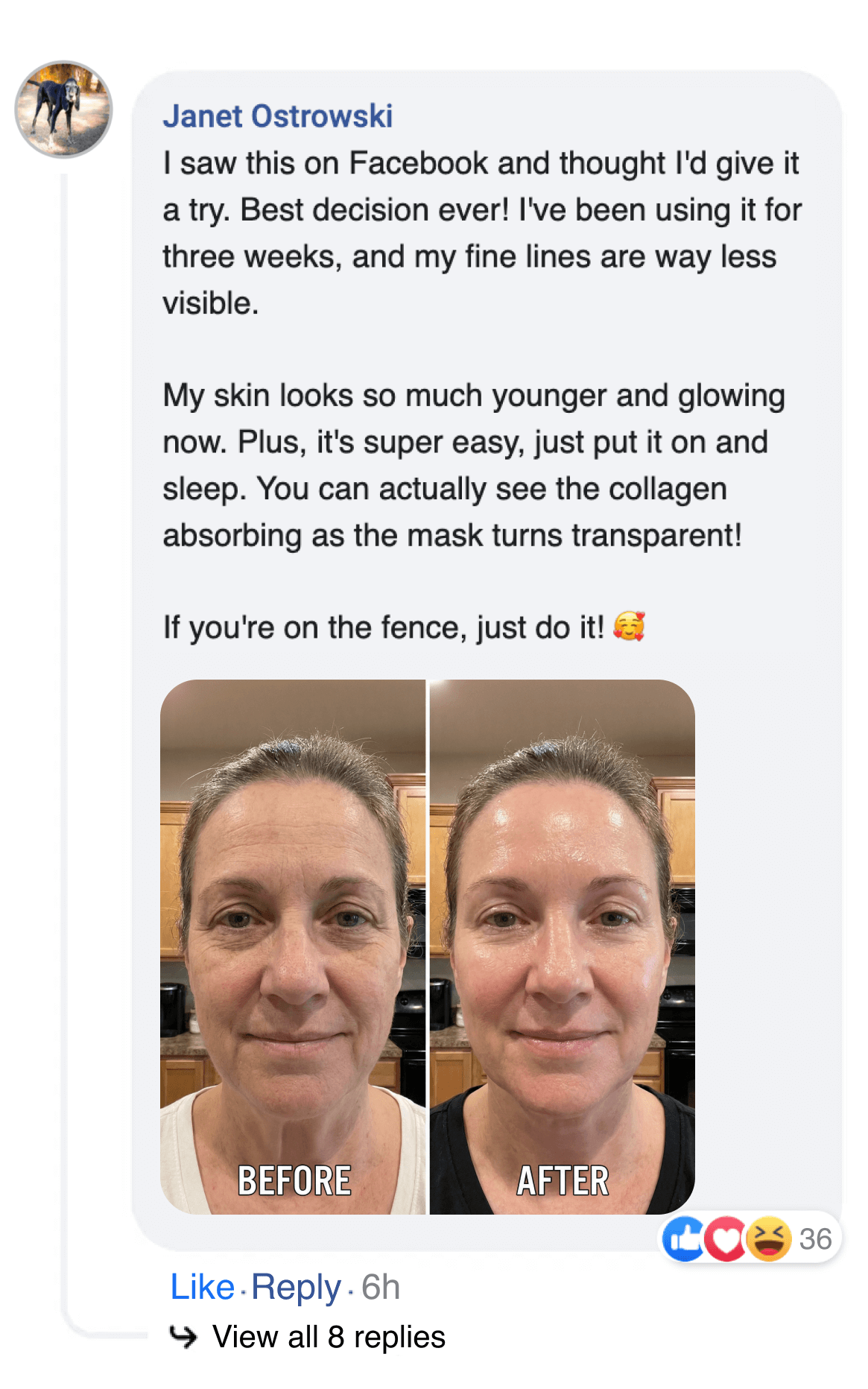 A screenshot of a Facebook post showing a woman's before and after photos for a skincare product.